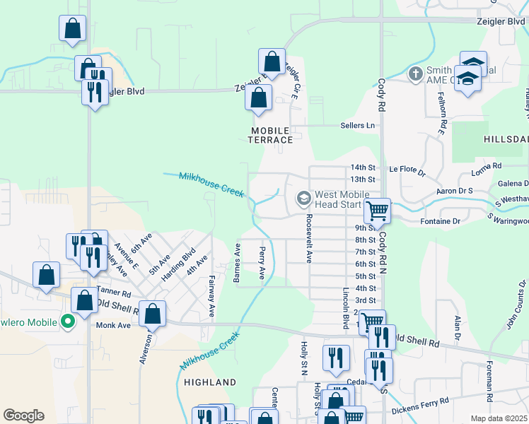 map of restaurants, bars, coffee shops, grocery stores, and more near 7400 10th Street in Mobile