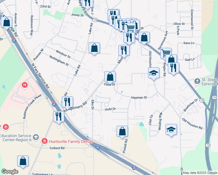 map of restaurants, bars, coffee shops, grocery stores, and more near 807 Cline Street in Huntsville