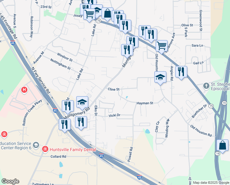 map of restaurants, bars, coffee shops, grocery stores, and more near 807 Cline Street in Huntsville