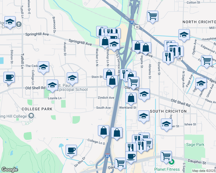 map of restaurants, bars, coffee shops, grocery stores, and more near 3650 Old Shell Road in Mobile
