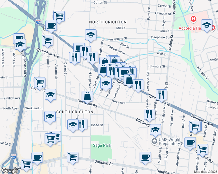 map of restaurants, bars, coffee shops, grocery stores, and more near 207 Hemley Avenue in Mobile