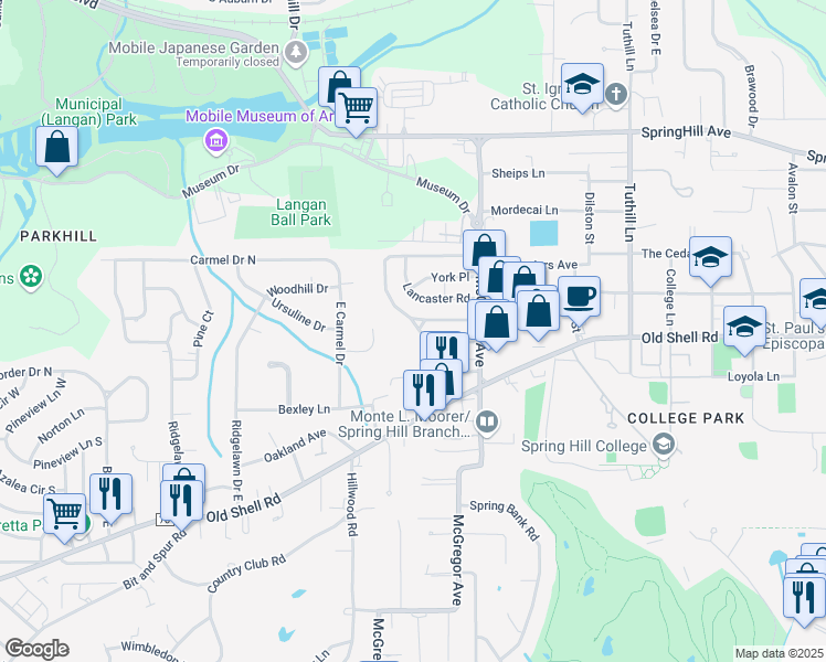map of restaurants, bars, coffee shops, grocery stores, and more near 25 South Hathaway Road in Mobile