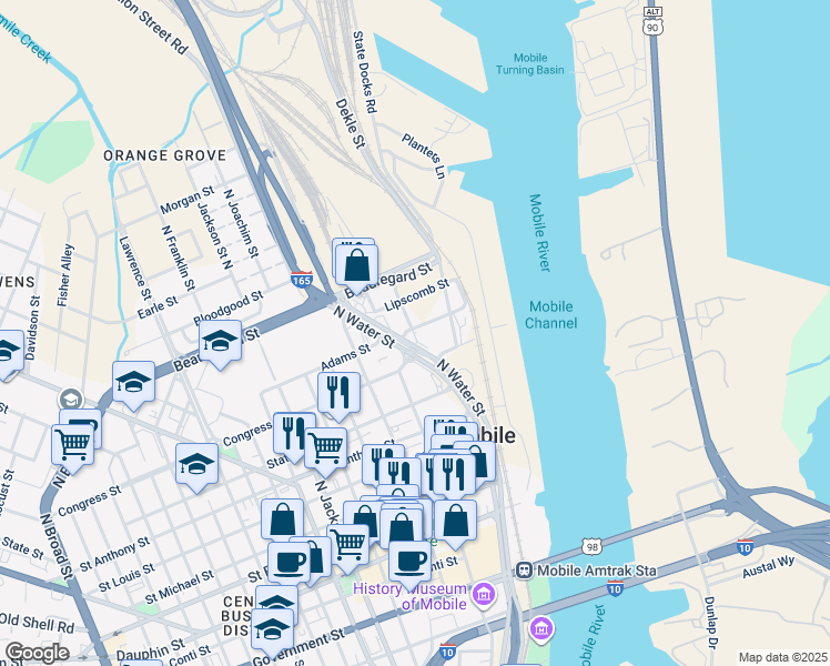 map of restaurants, bars, coffee shops, grocery stores, and more near 300 Adams Street in Mobile