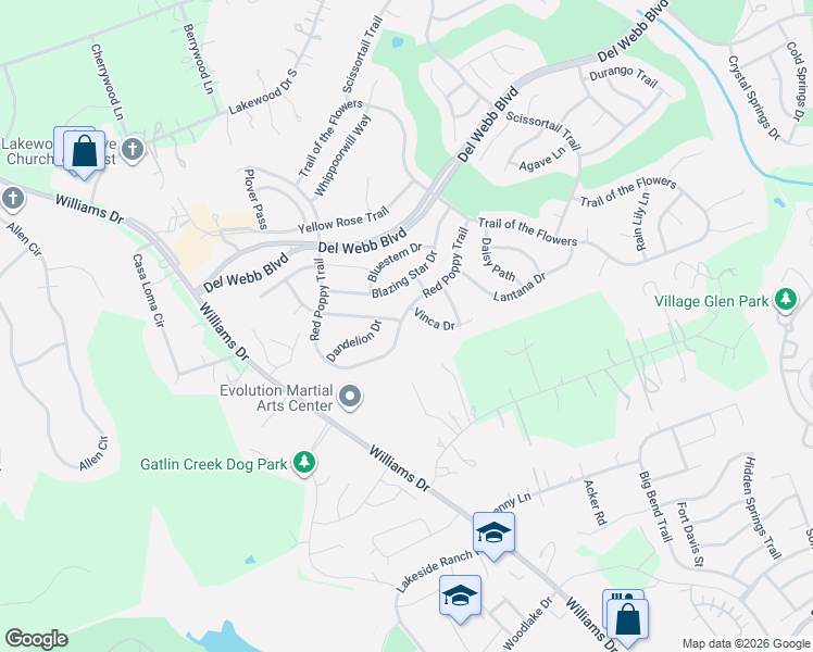 map of restaurants, bars, coffee shops, grocery stores, and more near 263 Red Poppy Trail in Georgetown