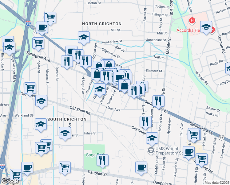 map of restaurants, bars, coffee shops, grocery stores, and more near 2909 SpringHill Avenue in Mobile