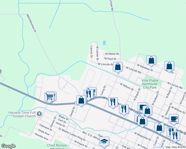 map of restaurants, bars, coffee shops, grocery stores, and more near 443 Scenic Drive in Ville Platte