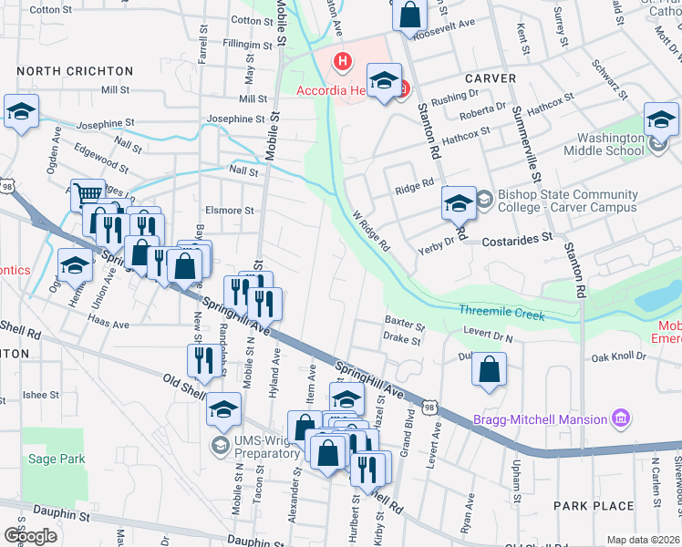 map of restaurants, bars, coffee shops, grocery stores, and more near 300 Wingfield Drive in Mobile