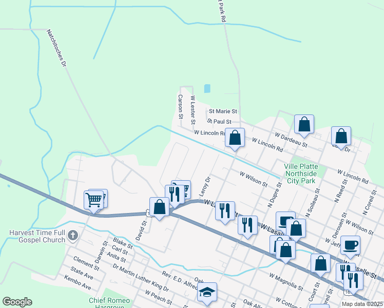 map of restaurants, bars, coffee shops, grocery stores, and more near 443 Scenic Drive in Ville Platte