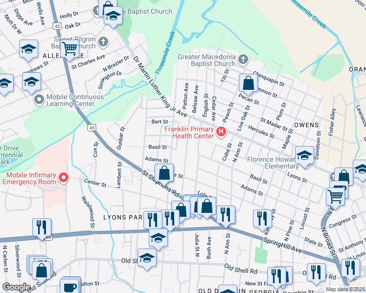 map of restaurants, bars, coffee shops, grocery stores, and more near 8 Washington Place in Mobile