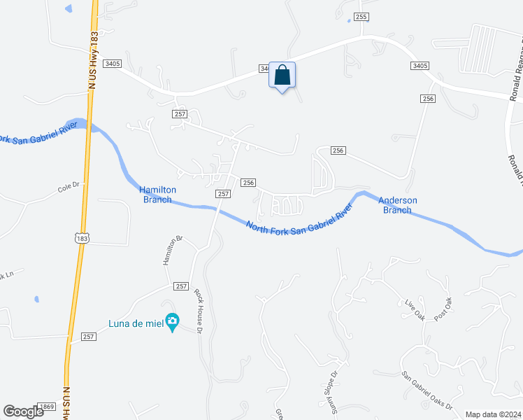 map of restaurants, bars, coffee shops, grocery stores, and more near 1111 County Road 256 in Liberty Hill