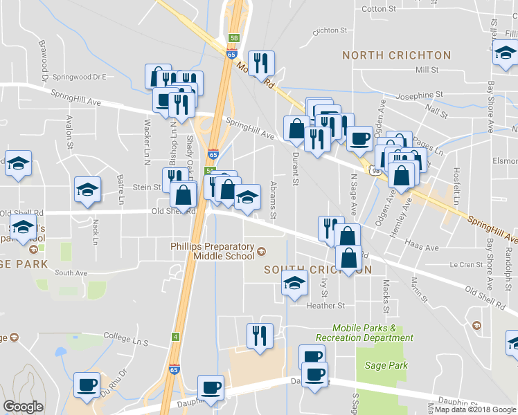 map of restaurants, bars, coffee shops, grocery stores, and more near 108 Ingate Street in Mobile