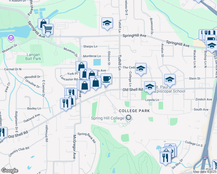 map of restaurants, bars, coffee shops, grocery stores, and more near 4068 Old Shell Road in Mobile