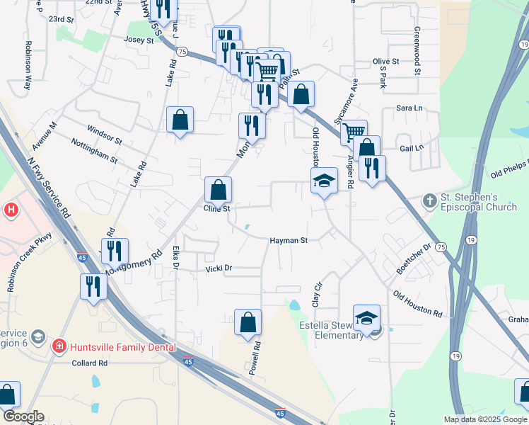 map of restaurants, bars, coffee shops, grocery stores, and more near 703 Cline Street in Huntsville