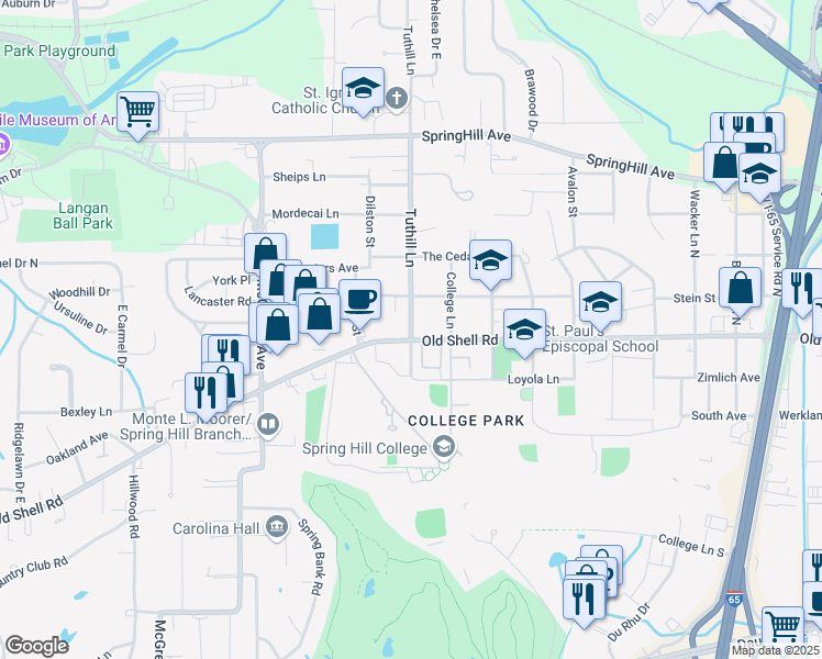 map of restaurants, bars, coffee shops, grocery stores, and more near 37 Tuthill Lane in Mobile