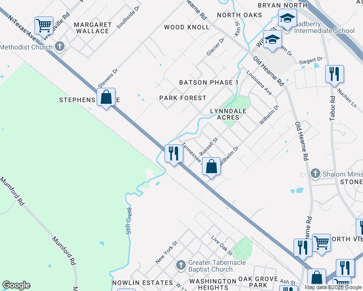 map of restaurants, bars, coffee shops, grocery stores, and more near 3025 Tennessee Avenue in Bryan