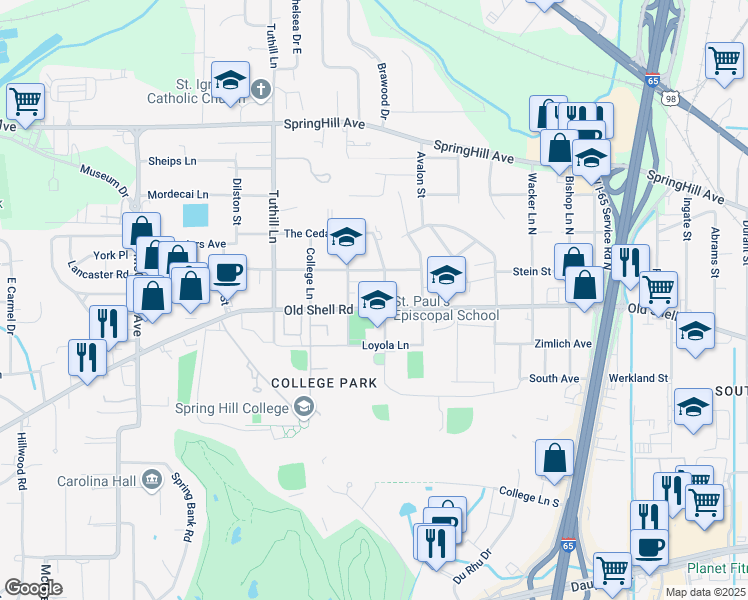 map of restaurants, bars, coffee shops, grocery stores, and more near 133-299 Dogwood Ln in Mobile