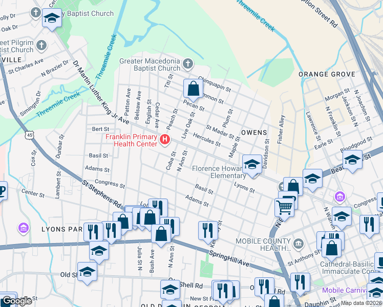 map of restaurants, bars, coffee shops, grocery stores, and more near 419 Terrill Street in Mobile