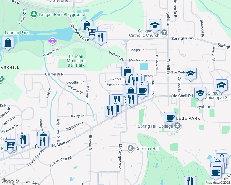 map of restaurants, bars, coffee shops, grocery stores, and more near 13 Princess Anne Road in Mobile