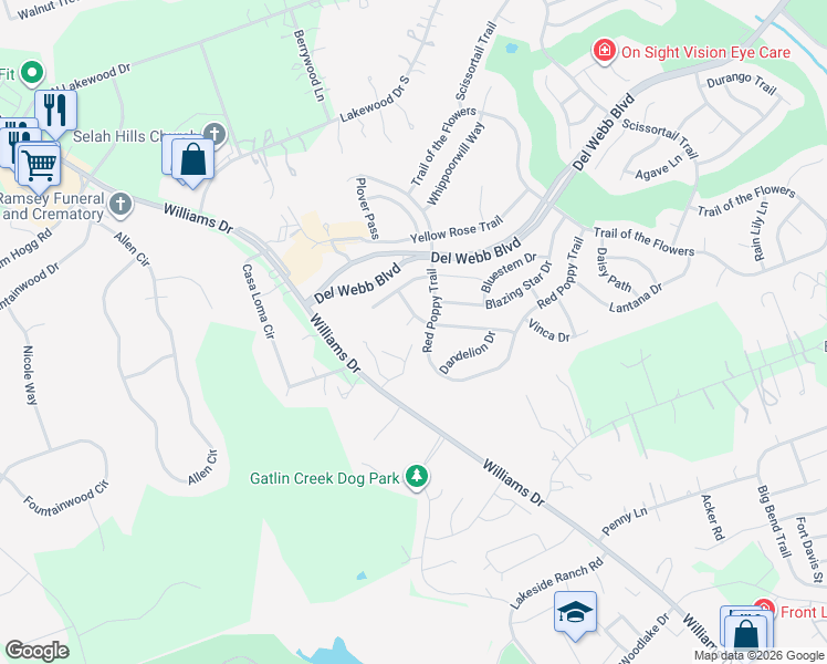 map of restaurants, bars, coffee shops, grocery stores, and more near 102 Columbine Court in Georgetown