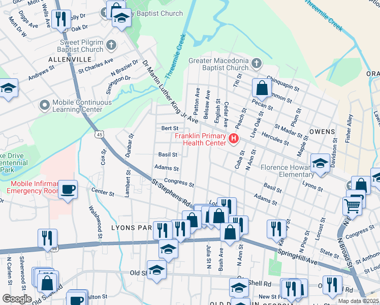 map of restaurants, bars, coffee shops, grocery stores, and more near 8 Washington Place in Mobile