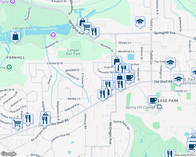 map of restaurants, bars, coffee shops, grocery stores, and more near 29 South Hathaway Road in Mobile