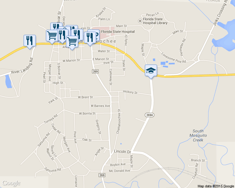 map of restaurants, bars, coffee shops, grocery stores, and more near 15 East Brent Street in Chattahoochee