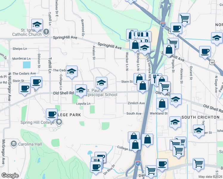 map of restaurants, bars, coffee shops, grocery stores, and more near 3756 Old Shell Road in Mobile