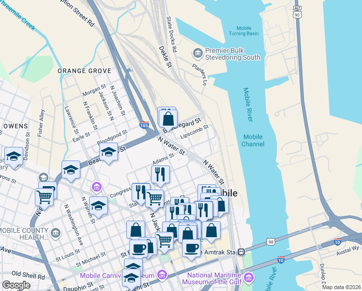 map of restaurants, bars, coffee shops, grocery stores, and more near 350 N Water St in Mobile