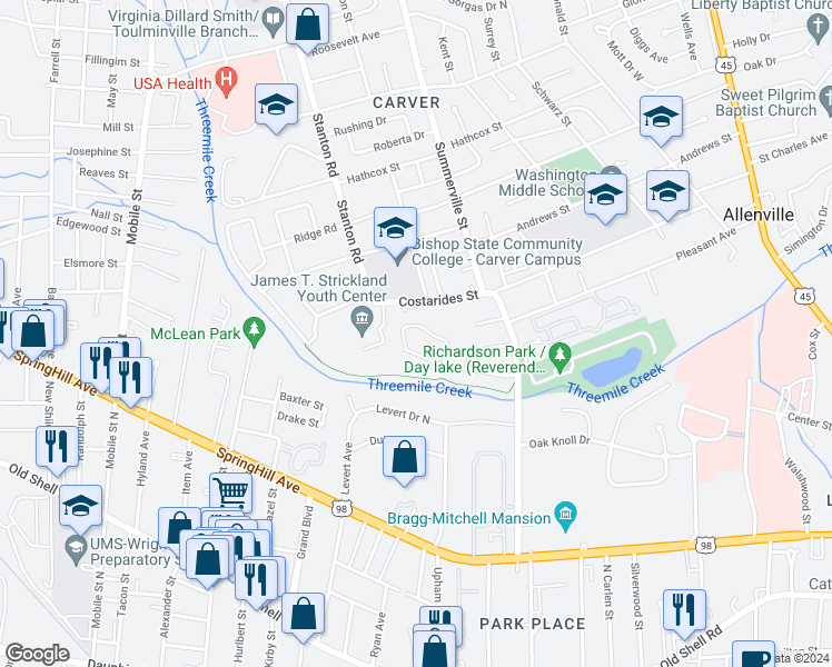 map of restaurants, bars, coffee shops, grocery stores, and more near 2317 Lourdes Circle West in Mobile
