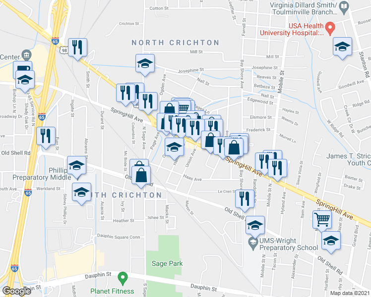 map of restaurants, bars, coffee shops, grocery stores, and more near 210 Hemley Avenue in Mobile