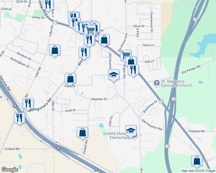 map of restaurants, bars, coffee shops, grocery stores, and more near 2904 Old Houston Road in Huntsville