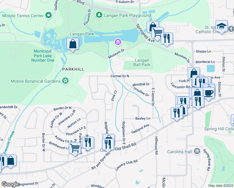 map of restaurants, bars, coffee shops, grocery stores, and more near 454 Pine Court in Mobile