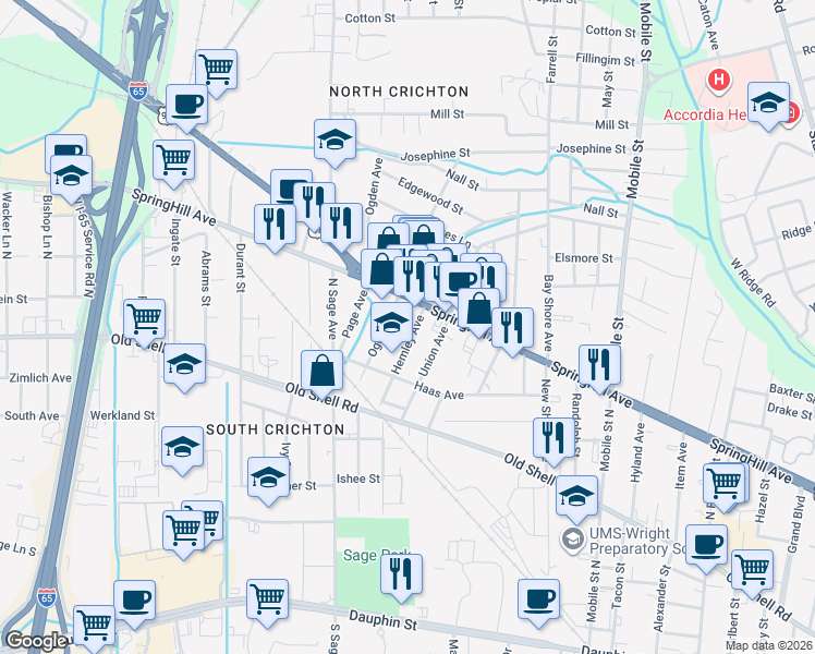 map of restaurants, bars, coffee shops, grocery stores, and more near 207 Hemley Ave in Mobile