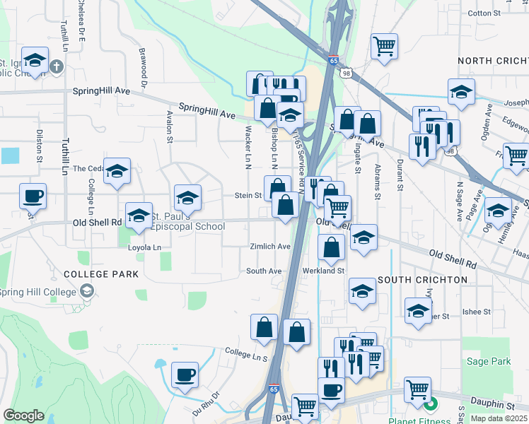 map of restaurants, bars, coffee shops, grocery stores, and more near 3650 Old Shell Road in Mobile