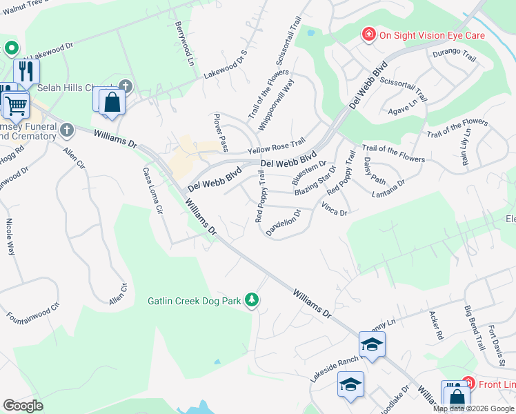 map of restaurants, bars, coffee shops, grocery stores, and more near 102 Columbine Court in Georgetown