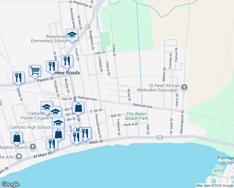 map of restaurants, bars, coffee shops, grocery stores, and more near 203 Curet Street in New Roads