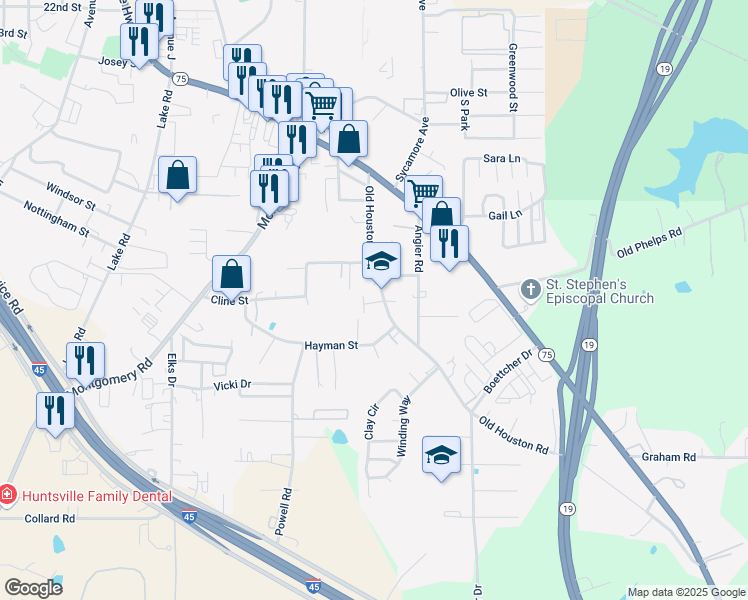 map of restaurants, bars, coffee shops, grocery stores, and more near 2904 Old Houston Road in Huntsville