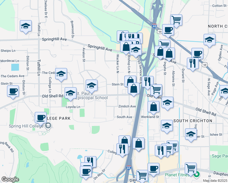 map of restaurants, bars, coffee shops, grocery stores, and more near 3704 Old Shell Road in Mobile