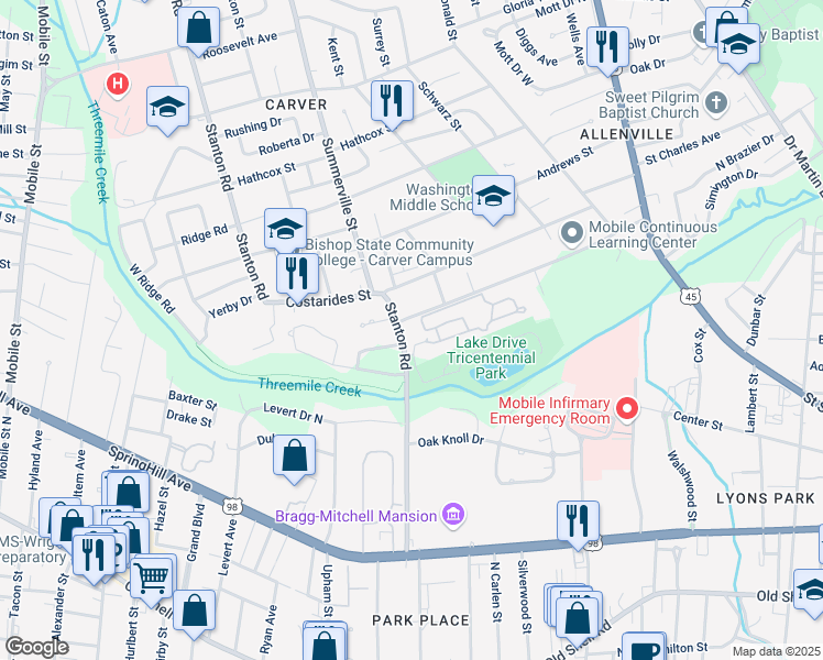 map of restaurants, bars, coffee shops, grocery stores, and more near 2063 Bragg Avenue in Mobile