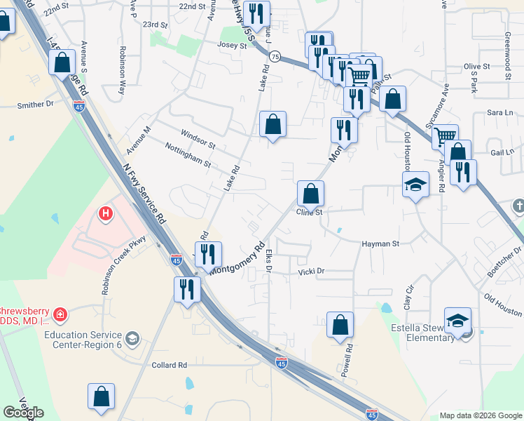 map of restaurants, bars, coffee shops, grocery stores, and more near Prentice Lane in Huntsville
