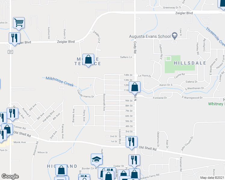 map of restaurants, bars, coffee shops, grocery stores, and more near 7236 11th Street in Mobile