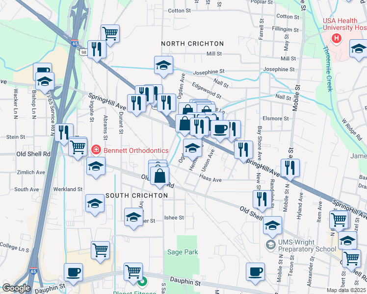 map of restaurants, bars, coffee shops, grocery stores, and more near 207 Ogden Avenue in Mobile