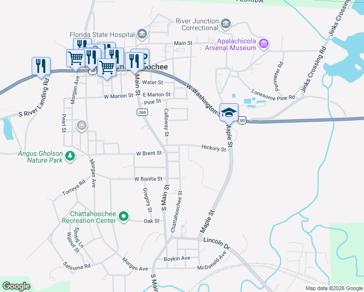 map of restaurants, bars, coffee shops, grocery stores, and more near 15 East Brent Street in Chattahoochee