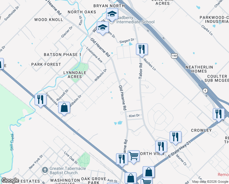 map of restaurants, bars, coffee shops, grocery stores, and more near 2602 Old Hearne Road in Bryan