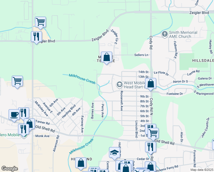 map of restaurants, bars, coffee shops, grocery stores, and more near 7400 10th Street in Mobile