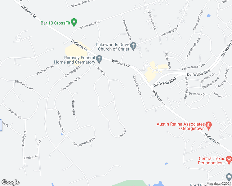 map of restaurants, bars, coffee shops, grocery stores, and more near 207 Allen Circle in Georgetown