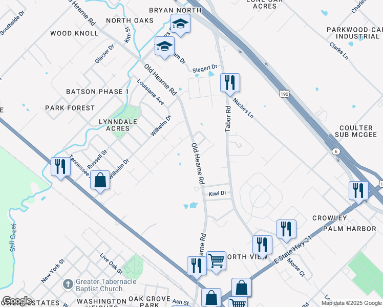 map of restaurants, bars, coffee shops, grocery stores, and more near 2409 Old Hearne Road in Bryan