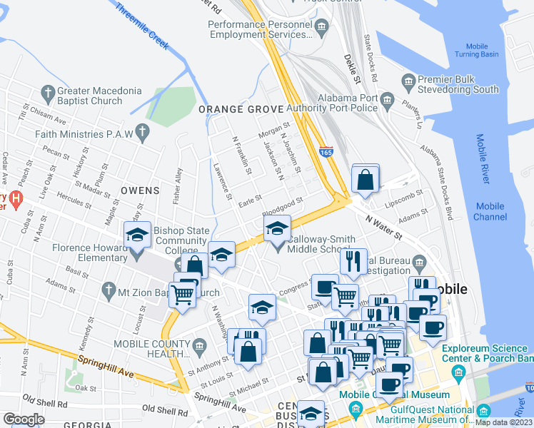 map of restaurants, bars, coffee shops, grocery stores, and more near 400 J Blair Street in Mobile