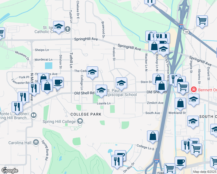 map of restaurants, bars, coffee shops, grocery stores, and more near 111 Myrtlewood Lane in Mobile