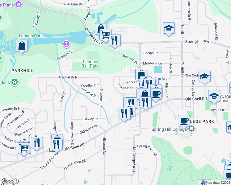 map of restaurants, bars, coffee shops, grocery stores, and more near 29 South Hathaway Road in Mobile